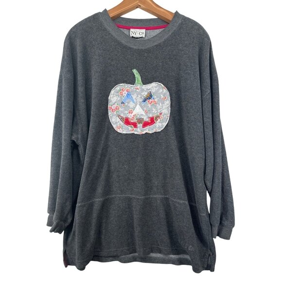 The Scrappy Camper + NY&Co Womens XL Upcycled Tunic Gray Terry Pumpkin Halloween - Picture 1 of 11